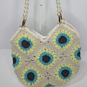 Crochet Cream Color Granny Square Shoulder Bag with Colorful Motifs